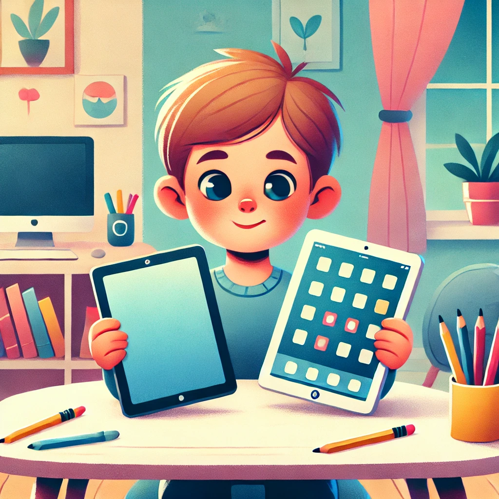 Ilustración de un niño sentado en un escritorio sosteniendo una tablet y un iPad, comparando ambas opciones en un ambiente educativo con libros y lápices.