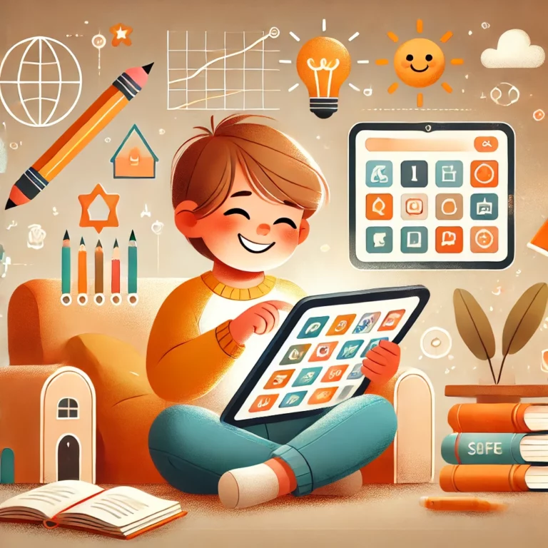 Ilustración de un niño usando una tablet en un ambiente acogedor con elementos educativos, diseñado para un artículo sobre las mejores tablets para niños en 2025.